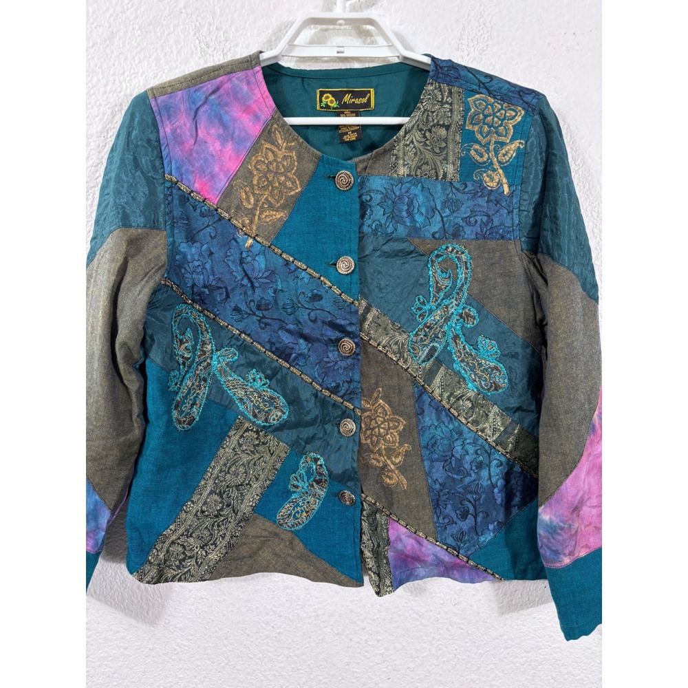Mirasol Patchwork Jacket Womens Medium Teal‎ Patchwork Art To Wear Blazer Y2K
